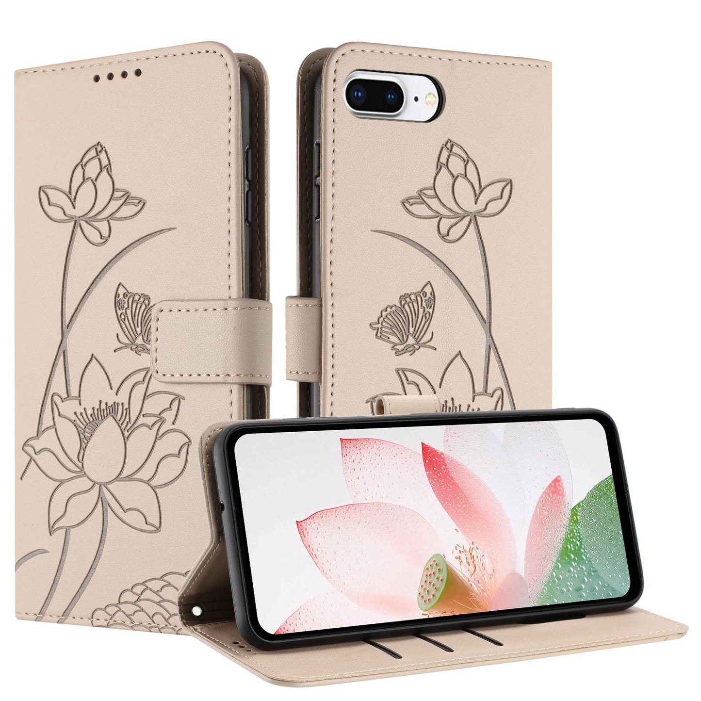Apple iPhone 8 Plus Lotus Embossed PU Leather Wallet Phone Case with Card Holder, Cash Pocket, Magnetic Flip Stand Cover, Wrist Lanyard Strap, Shockproof TPU Protective Folio Case - Purple
