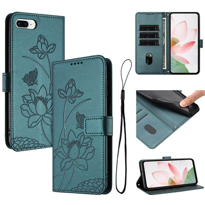 Apple iPhone 8 Plus Lotus Embossed PU Leather Wallet Phone Case with Card Holder, Cash Pocket, Magnetic Flip Stand Cover, Wrist Lanyard Strap, Shockproof TPU Protective Folio Case - Purple