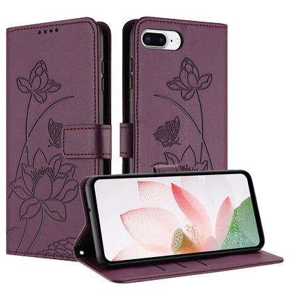 Apple iPhone 8 Plus Lotus Embossed PU Leather Wallet Phone Case with Card Holder, Cash Pocket, Magnetic Flip Stand Cover, Wrist Lanyard Strap, Shockproof TPU Protective Folio Case - Purple