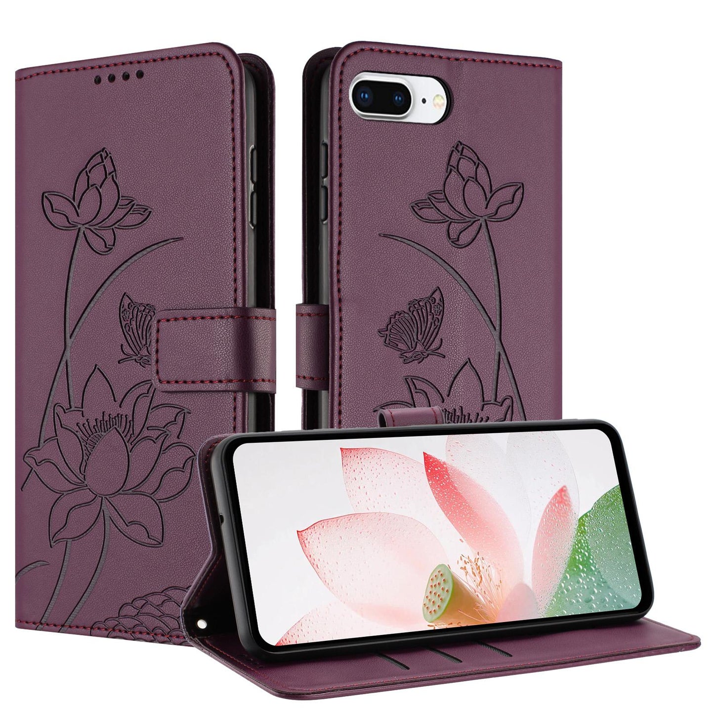 Apple iPhone 7 Plus Lotus Embossed PU Leather Wallet Phone Case with Card Holder, Cash Pocket, Magnetic Flip Stand Cover, Wrist Lanyard Strap, Shockproof TPU Protective Folio Case - Purple