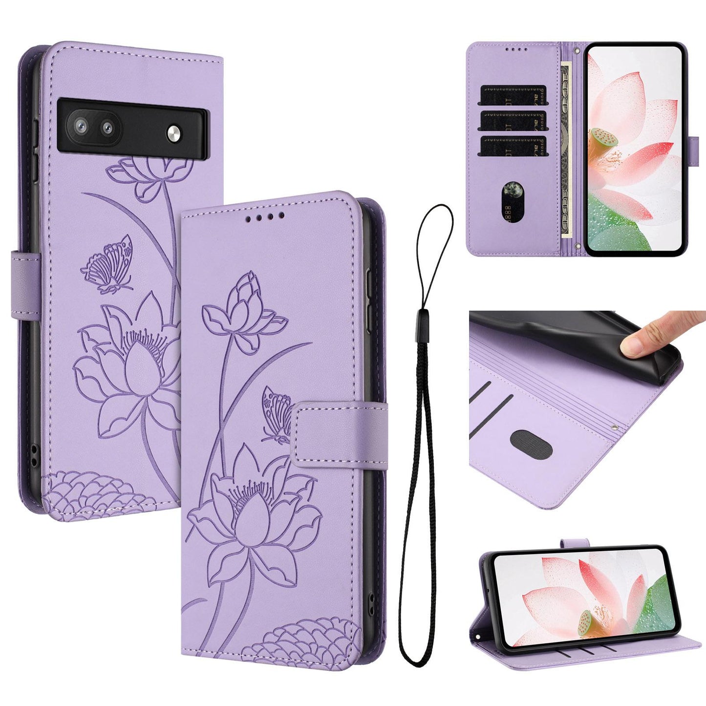Google Pixel 6a Lotus Embossed PU Leather Wallet Phone Case with Card Holder, Cash Pocket, Magnetic Flip Stand Cover, Wrist Lanyard Strap, Shockproof TPU Protective Folio Case - Purple