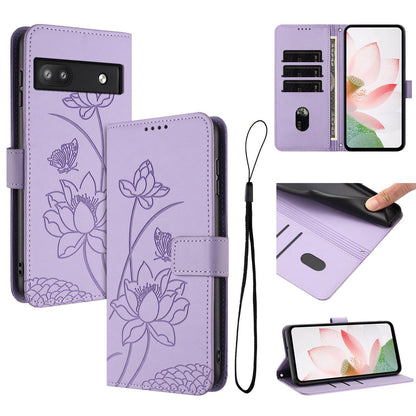 Google Pixel 6a Lotus Embossed PU Leather Wallet Phone Case with Card Holder, Cash Pocket, Magnetic Flip Stand Cover, Wrist Lanyard Strap, Shockproof TPU Protective Folio Case - Purple