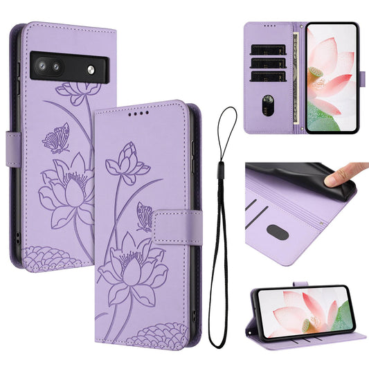 Google Pixel 6a Lotus Embossed PU Leather Wallet Phone Case with Card Holder, Cash Pocket, Magnetic Flip Stand Cover, Wrist Lanyard Strap, Shockproof TPU Protective Folio Case - Purple