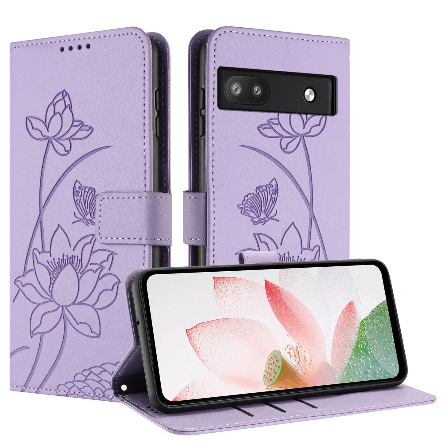 Google Pixel 6a Lotus Embossed PU Leather Wallet Phone Case with Card Holder, Cash Pocket, Magnetic Flip Stand Cover, Wrist Lanyard Strap, Shockproof TPU Protective Folio Case - Purple