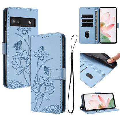 Google Pixel 6a Lotus Embossed PU Leather Wallet Phone Case with Card Holder, Cash Pocket, Magnetic Flip Stand Cover, Wrist Lanyard Strap, Shockproof TPU Protective Folio Case - Purple