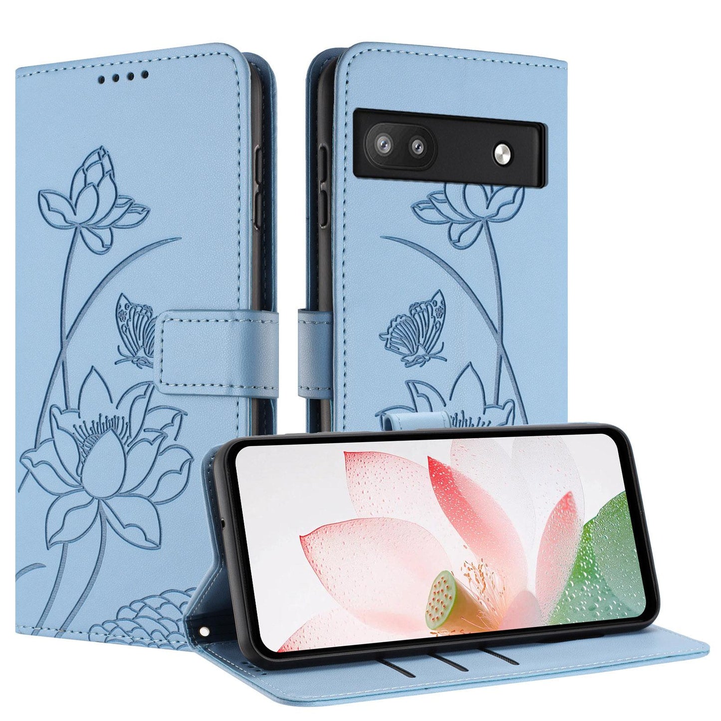 Google Pixel 6a Lotus Embossed PU Leather Wallet Phone Case with Card Holder, Cash Pocket, Magnetic Flip Stand Cover, Wrist Lanyard Strap, Shockproof TPU Protective Folio Case - Purple
