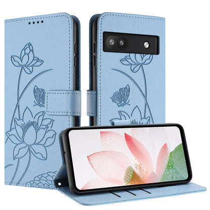 Google Pixel 6a Lotus Embossed PU Leather Wallet Phone Case with Card Holder, Cash Pocket, Magnetic Flip Stand Cover, Wrist Lanyard Strap, Shockproof TPU Protective Folio Case - Purple