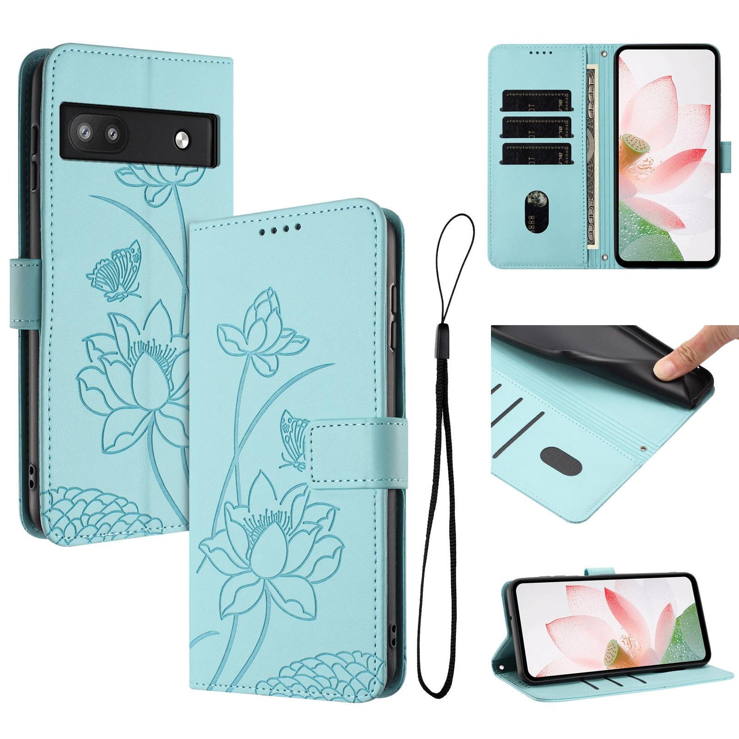 Google Pixel 6a Lotus Embossed PU Leather Wallet Phone Case with Card Holder, Cash Pocket, Magnetic Flip Stand Cover, Wrist Lanyard Strap, Shockproof TPU Protective Folio Case - Purple