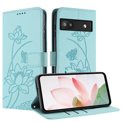 Google Pixel 6a Lotus Embossed PU Leather Wallet Phone Case with Card Holder, Cash Pocket, Magnetic Flip Stand Cover, Wrist Lanyard Strap, Shockproof TPU Protective Folio Case - Purple