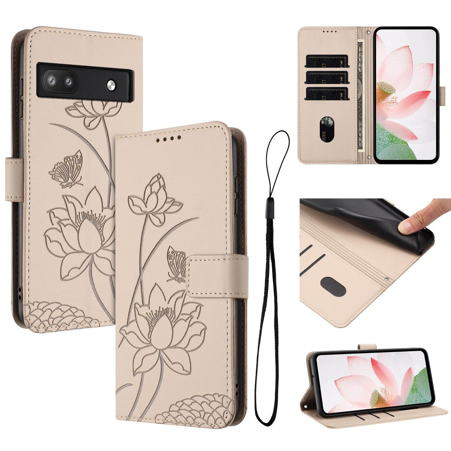 Google Pixel 6a Lotus Embossed PU Leather Wallet Phone Case with Card Holder, Cash Pocket, Magnetic Flip Stand Cover, Wrist Lanyard Strap, Shockproof TPU Protective Folio Case - Purple