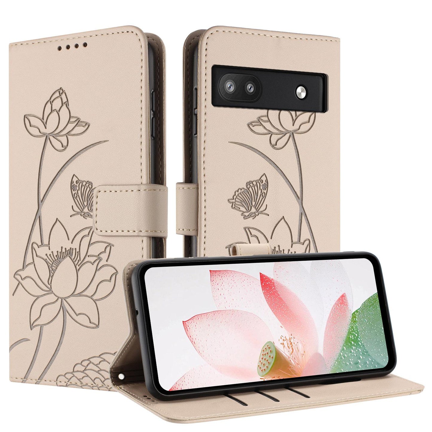 Google Pixel 6a Lotus Embossed PU Leather Wallet Phone Case with Card Holder, Cash Pocket, Magnetic Flip Stand Cover, Wrist Lanyard Strap, Shockproof TPU Protective Folio Case - Purple