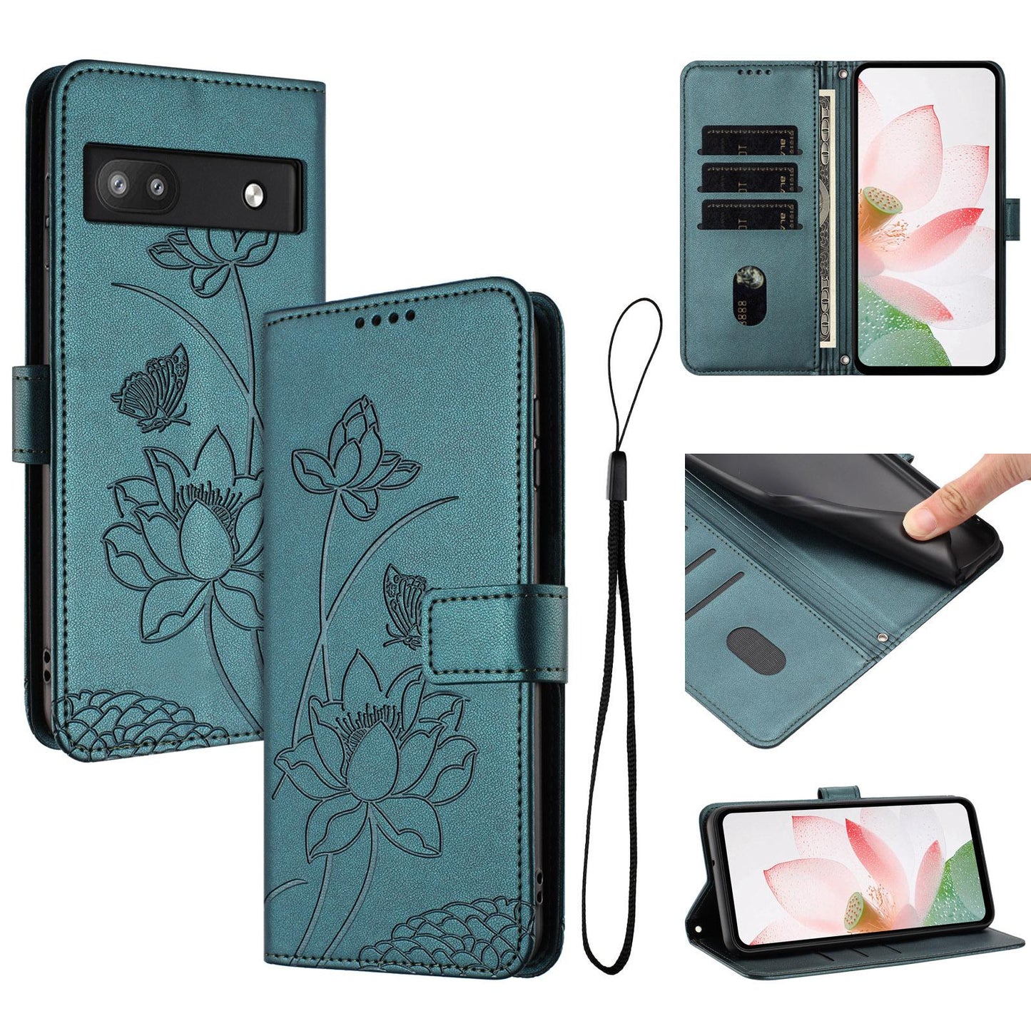Google Pixel 6a Lotus Embossed PU Leather Wallet Phone Case with Card Holder, Cash Pocket, Magnetic Flip Stand Cover, Wrist Lanyard Strap, Shockproof TPU Protective Folio Case - Purple