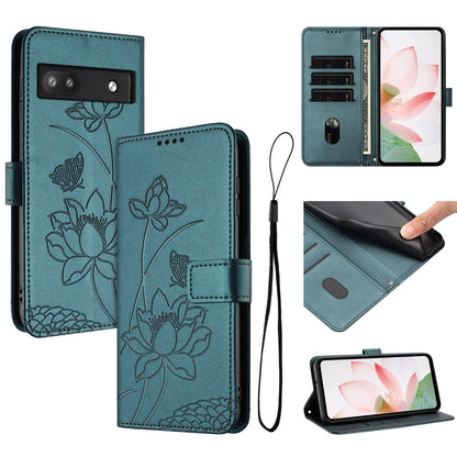 Google Pixel 6a Lotus Embossed PU Leather Wallet Phone Case with Card Holder, Cash Pocket, Magnetic Flip Stand Cover, Wrist Lanyard Strap, Shockproof TPU Protective Folio Case - Purple