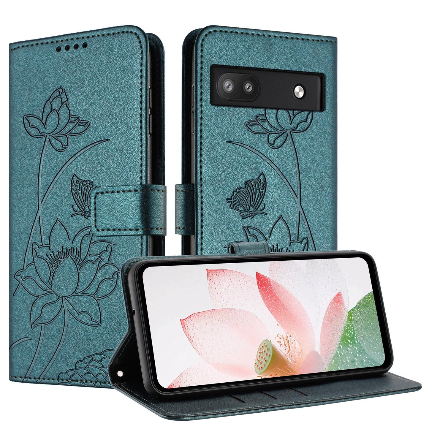 Google Pixel 6a Lotus Embossed PU Leather Wallet Phone Case with Card Holder, Cash Pocket, Magnetic Flip Stand Cover, Wrist Lanyard Strap, Shockproof TPU Protective Folio Case - Purple