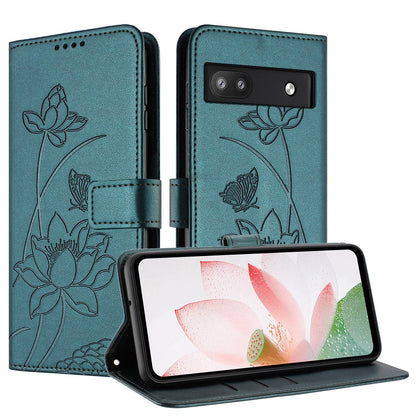 Google Pixel 6a Lotus Embossed PU Leather Wallet Phone Case with Card Holder, Cash Pocket, Magnetic Flip Stand Cover, Wrist Lanyard Strap, Shockproof TPU Protective Folio Case - Purple