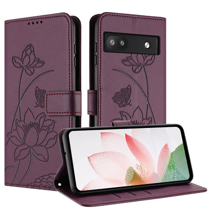 Google Pixel 6a Lotus Embossed PU Leather Wallet Phone Case with Card Holder, Cash Pocket, Magnetic Flip Stand Cover, Wrist Lanyard Strap, Shockproof TPU Protective Folio Case - Purple