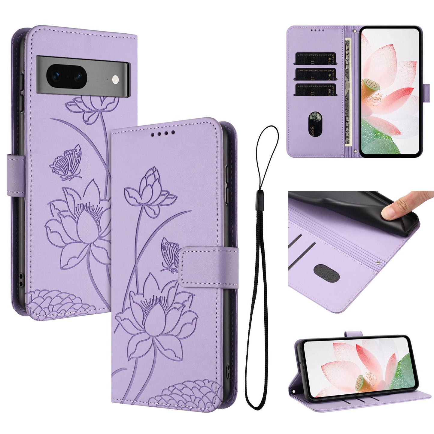 Google Pixel 7 Lotus Embossed PU Leather Wallet Phone Case with Card Holder, Cash Pocket, Magnetic Flip Stand Cover, Wrist Lanyard Strap, Shockproof TPU Protective Folio Case - Purple