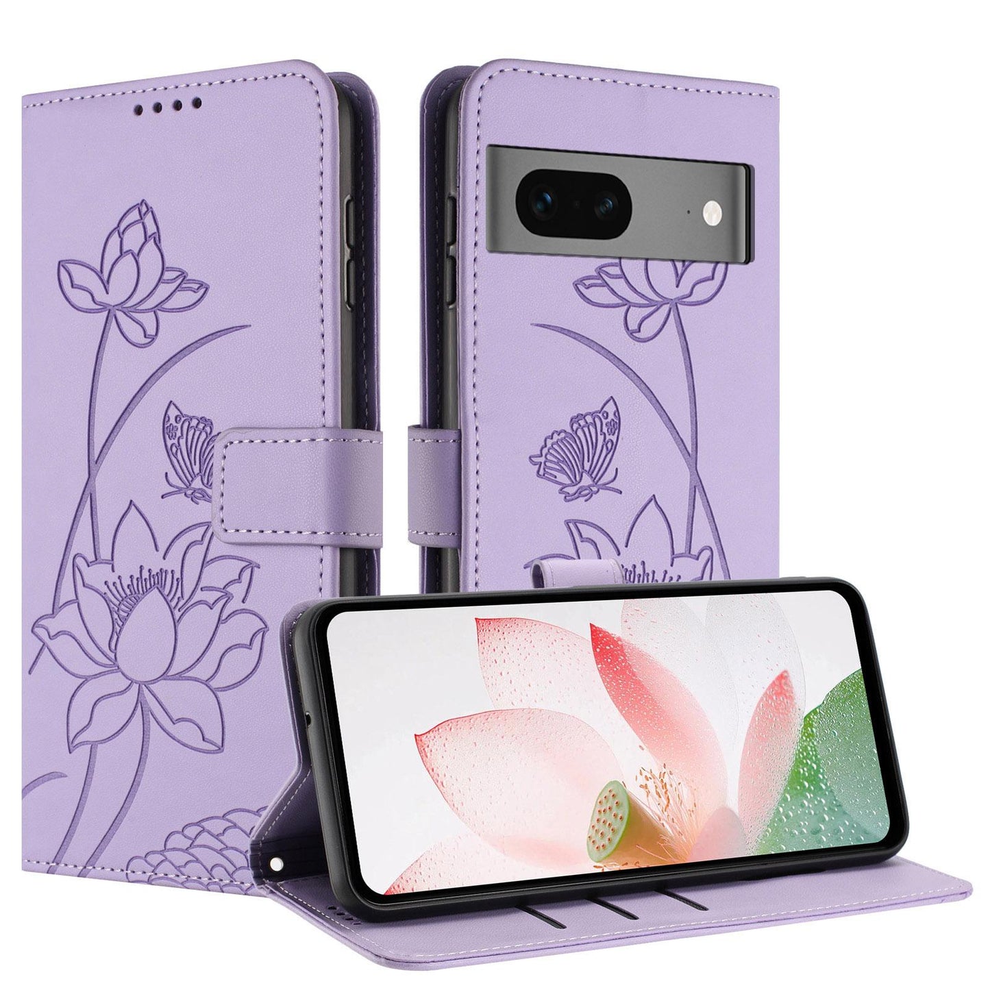 Google Pixel 7 Lotus Embossed PU Leather Wallet Phone Case with Card Holder, Cash Pocket, Magnetic Flip Stand Cover, Wrist Lanyard Strap, Shockproof TPU Protective Folio Case - Purple