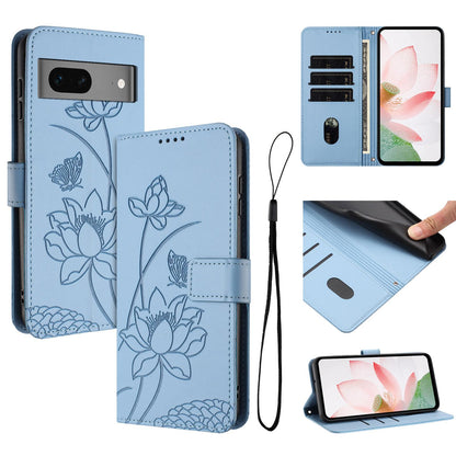 Google Pixel 7 Lotus Embossed PU Leather Wallet Phone Case with Card Holder, Cash Pocket, Magnetic Flip Stand Cover, Wrist Lanyard Strap, Shockproof TPU Protective Folio Case - Purple