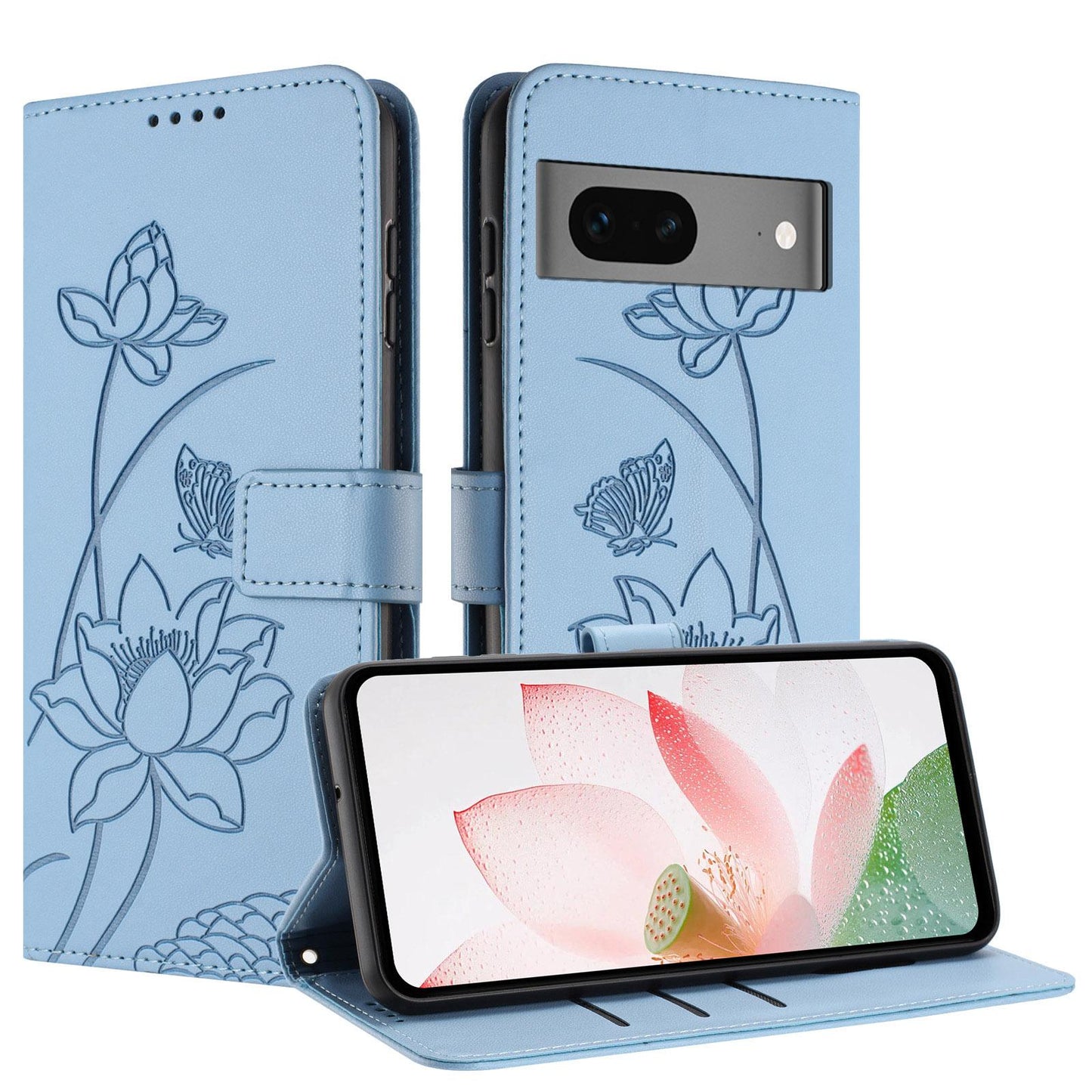 Google Pixel 7 Lotus Embossed PU Leather Wallet Phone Case with Card Holder, Cash Pocket, Magnetic Flip Stand Cover, Wrist Lanyard Strap, Shockproof TPU Protective Folio Case - Purple