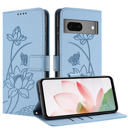 Google Pixel 7 Lotus Embossed PU Leather Wallet Phone Case with Card Holder, Cash Pocket, Magnetic Flip Stand Cover, Wrist Lanyard Strap, Shockproof TPU Protective Folio Case - Purple