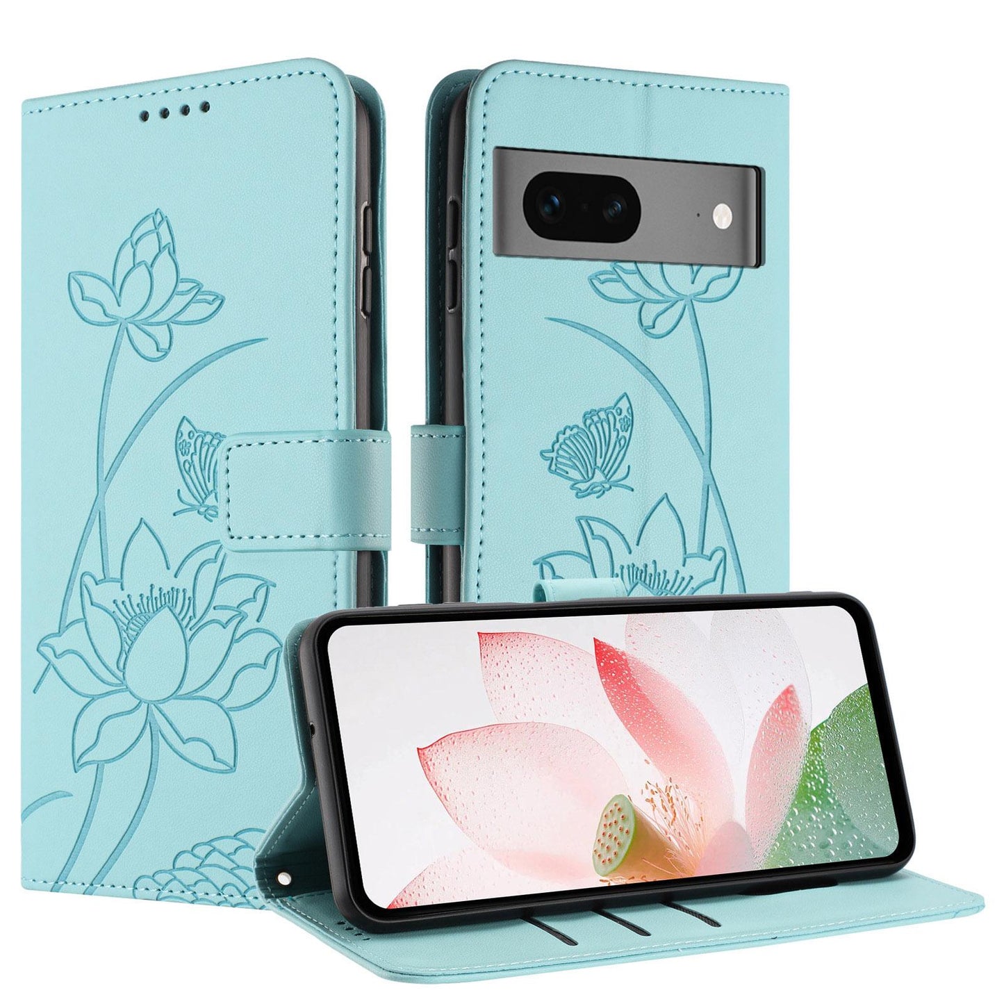 Google Pixel 7 Lotus Embossed PU Leather Wallet Phone Case with Card Holder, Cash Pocket, Magnetic Flip Stand Cover, Wrist Lanyard Strap, Shockproof TPU Protective Folio Case - Purple