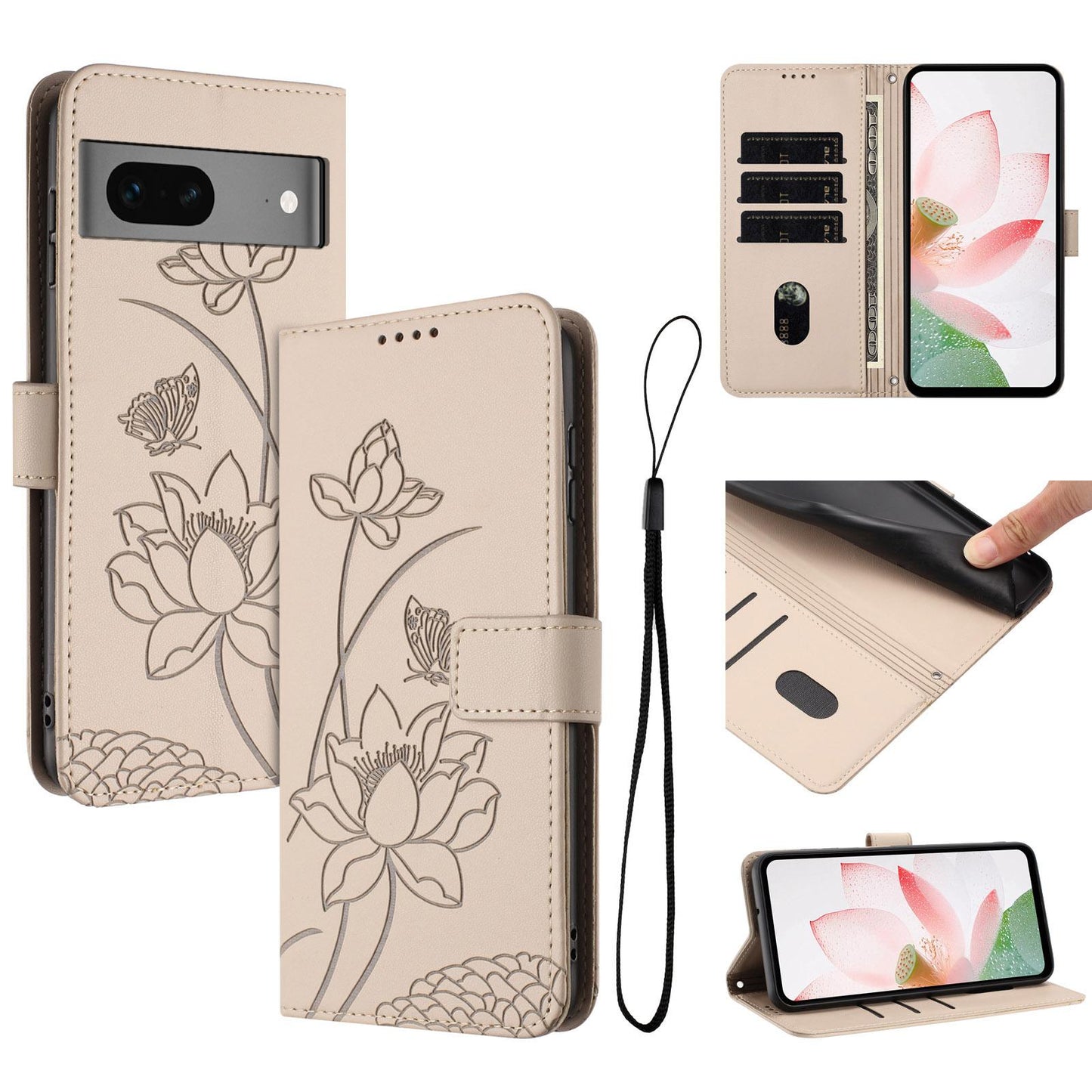 Google Pixel 7 Lotus Embossed PU Leather Wallet Phone Case with Card Holder, Cash Pocket, Magnetic Flip Stand Cover, Wrist Lanyard Strap, Shockproof TPU Protective Folio Case - Purple