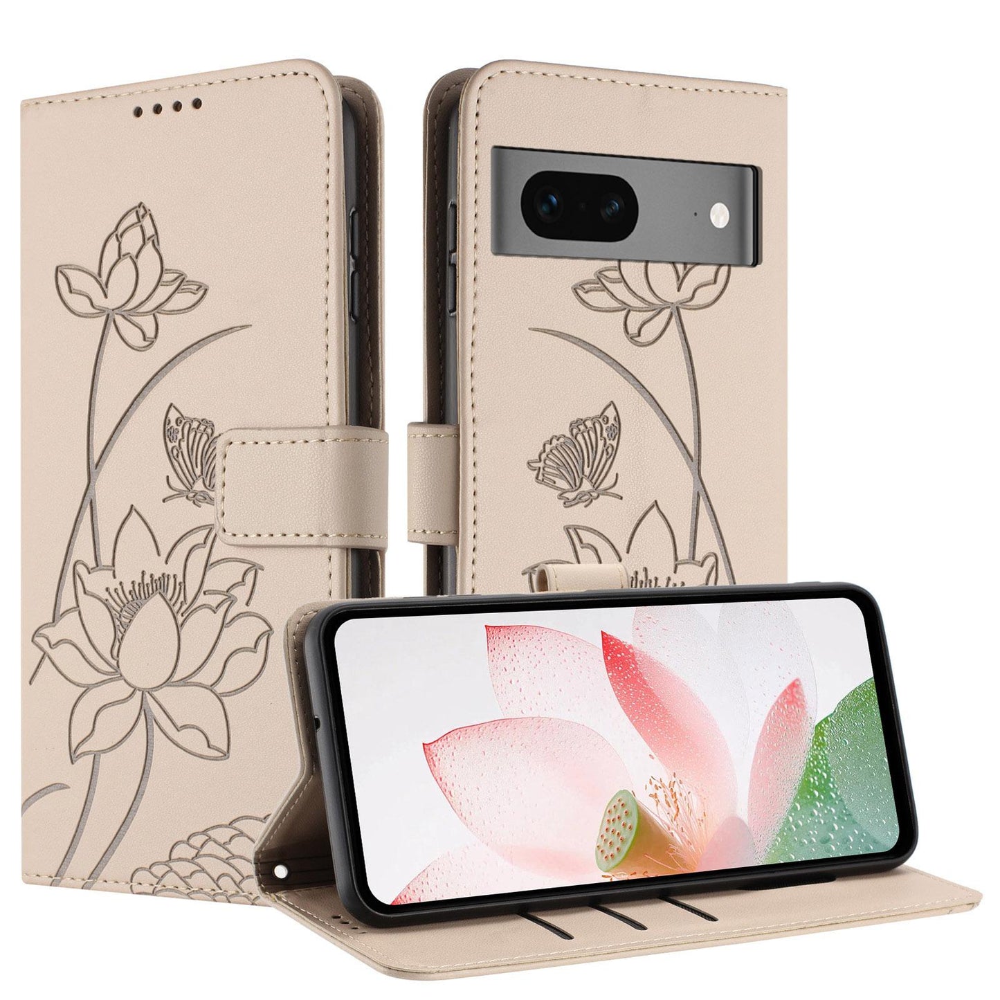 Google Pixel 7 Lotus Embossed PU Leather Wallet Phone Case with Card Holder, Cash Pocket, Magnetic Flip Stand Cover, Wrist Lanyard Strap, Shockproof TPU Protective Folio Case - Purple
