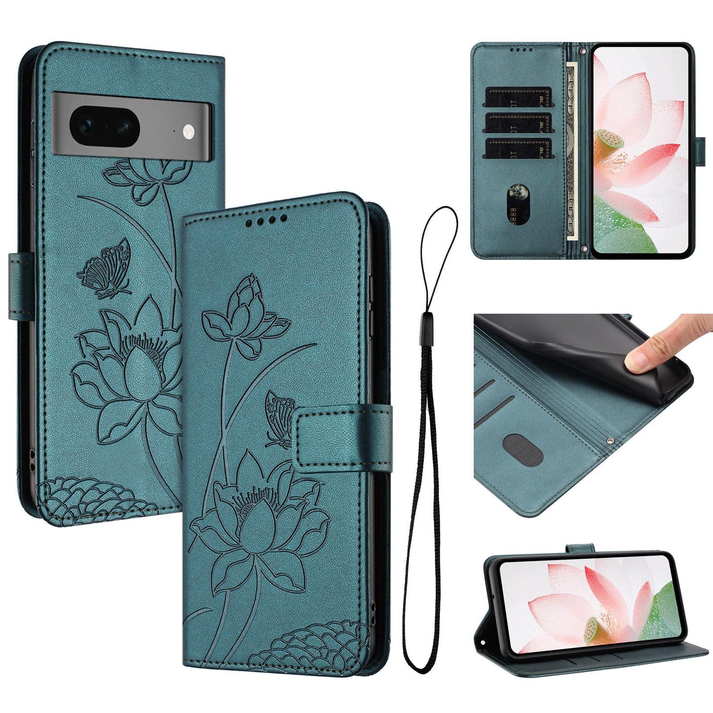 Google Pixel 7 Lotus Embossed PU Leather Wallet Phone Case with Card Holder, Cash Pocket, Magnetic Flip Stand Cover, Wrist Lanyard Strap, Shockproof TPU Protective Folio Case - Purple