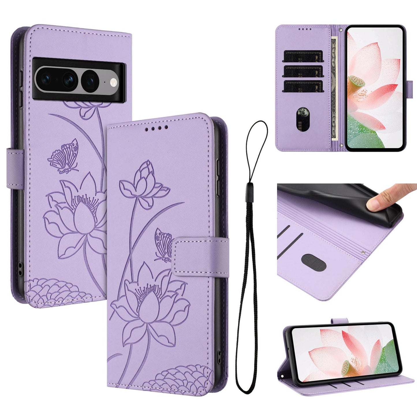 Google Pixel 7 Pro Lotus Embossed PU Leather Wallet Phone Case with Card Holder, Cash Pocket, Magnetic Flip Stand Cover, Wrist Lanyard Strap, Shockproof TPU Protective Folio Case - Purple
