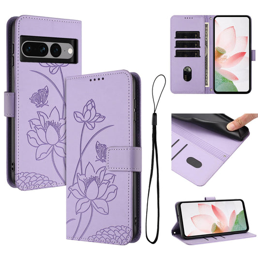 Google Pixel 7 Pro Lotus Embossed PU Leather Wallet Phone Case with Card Holder, Cash Pocket, Magnetic Flip Stand Cover, Wrist Lanyard Strap, Shockproof TPU Protective Folio Case - Purple