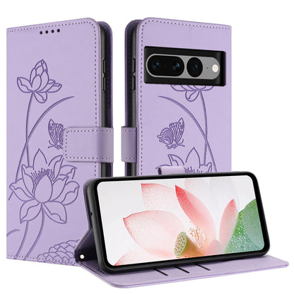 Google Pixel 7 Pro Lotus Embossed PU Leather Wallet Phone Case with Card Holder, Cash Pocket, Magnetic Flip Stand Cover, Wrist Lanyard Strap, Shockproof TPU Protective Folio Case - Purple