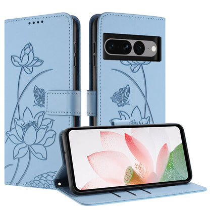 Google Pixel 7 Pro Lotus Embossed PU Leather Wallet Phone Case with Card Holder, Cash Pocket, Magnetic Flip Stand Cover, Wrist Lanyard Strap, Shockproof TPU Protective Folio Case - Purple