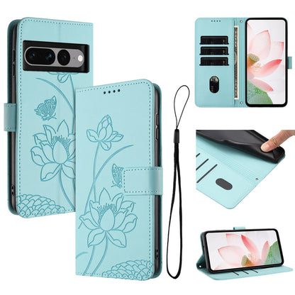 Google Pixel 7 Pro Lotus Embossed PU Leather Wallet Phone Case with Card Holder, Cash Pocket, Magnetic Flip Stand Cover, Wrist Lanyard Strap, Shockproof TPU Protective Folio Case - Purple
