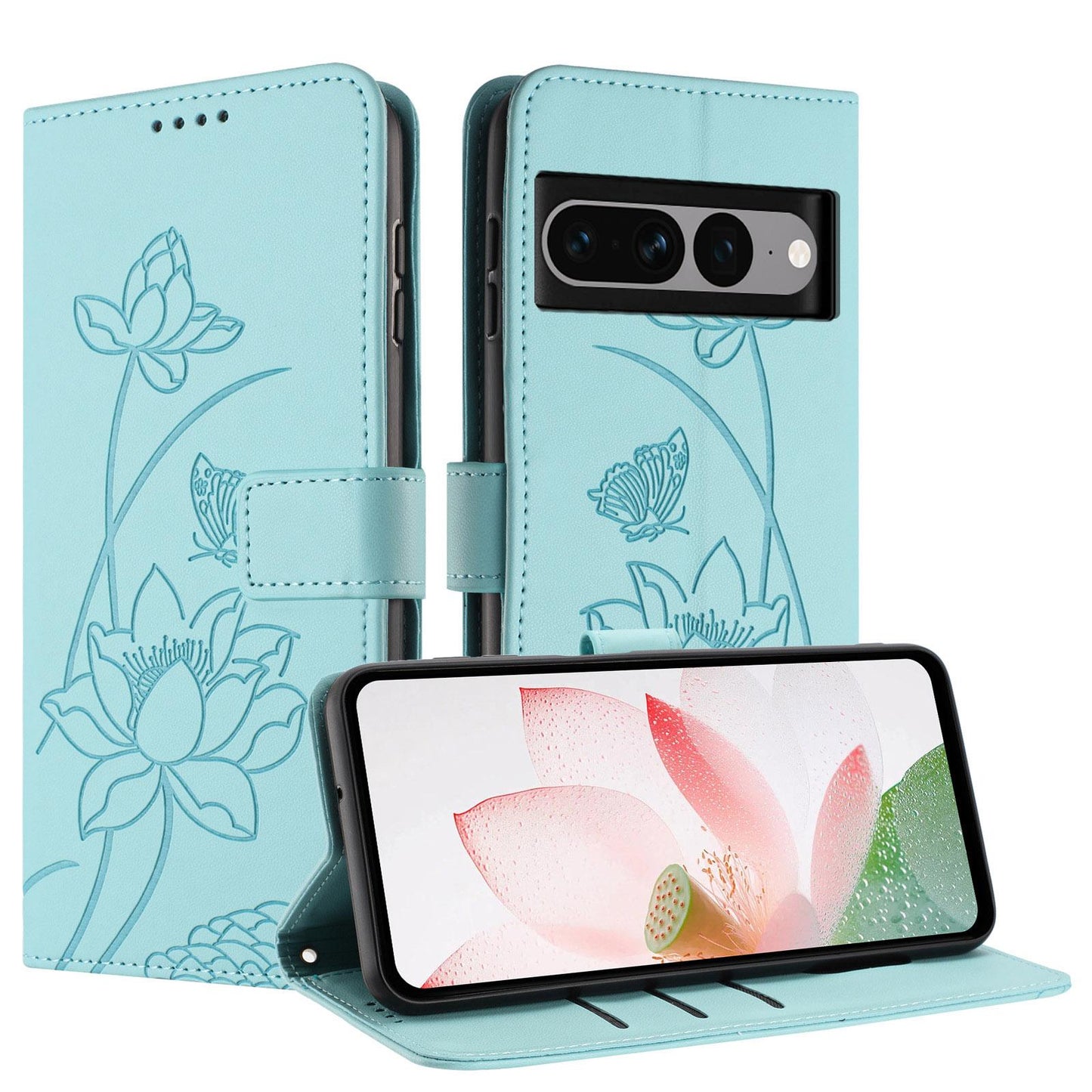 Google Pixel 7 Pro Lotus Embossed PU Leather Wallet Phone Case with Card Holder, Cash Pocket, Magnetic Flip Stand Cover, Wrist Lanyard Strap, Shockproof TPU Protective Folio Case - Purple