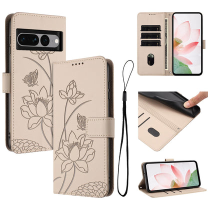 Google Pixel 7 Pro Lotus Embossed PU Leather Wallet Phone Case with Card Holder, Cash Pocket, Magnetic Flip Stand Cover, Wrist Lanyard Strap, Shockproof TPU Protective Folio Case - Purple