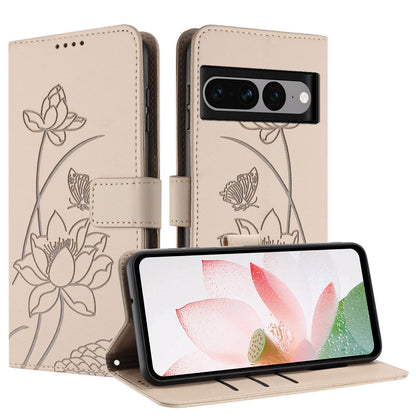 Google Pixel 7 Pro Lotus Embossed PU Leather Wallet Phone Case with Card Holder, Cash Pocket, Magnetic Flip Stand Cover, Wrist Lanyard Strap, Shockproof TPU Protective Folio Case - Purple