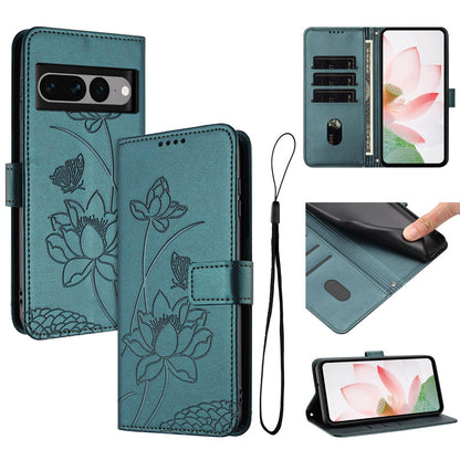 Google Pixel 7 Pro Lotus Embossed PU Leather Wallet Phone Case with Card Holder, Cash Pocket, Magnetic Flip Stand Cover, Wrist Lanyard Strap, Shockproof TPU Protective Folio Case - Purple