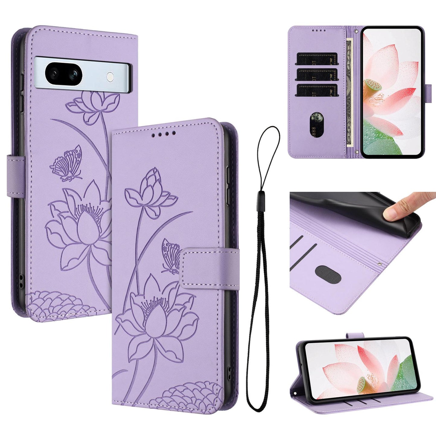 Google Pixel 7a Lotus Embossed PU Leather Wallet Phone Case with Card Holder, Cash Pocket, Magnetic Flip Stand Cover, Wrist Lanyard Strap, Shockproof TPU Protective Folio Case - Purple