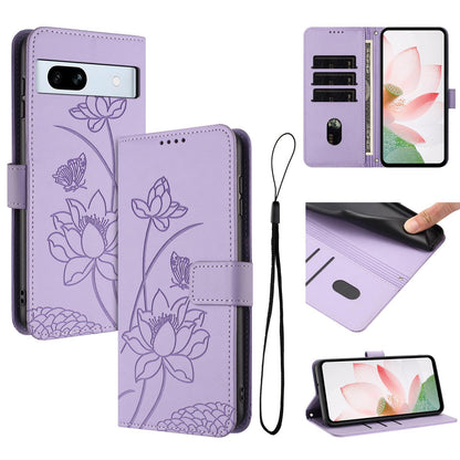 Google Pixel 7a Lotus Embossed PU Leather Wallet Phone Case with Card Holder, Cash Pocket, Magnetic Flip Stand Cover, Wrist Lanyard Strap, Shockproof TPU Protective Folio Case - Purple