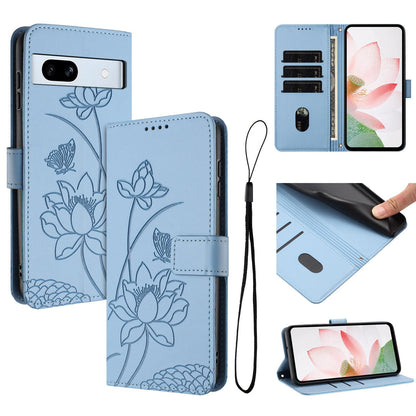 Google Pixel 7a Lotus Embossed PU Leather Wallet Phone Case with Card Holder, Cash Pocket, Magnetic Flip Stand Cover, Wrist Lanyard Strap, Shockproof TPU Protective Folio Case - Purple