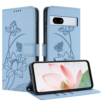 Google Pixel 7a Lotus Embossed PU Leather Wallet Phone Case with Card Holder, Cash Pocket, Magnetic Flip Stand Cover, Wrist Lanyard Strap, Shockproof TPU Protective Folio Case - Purple