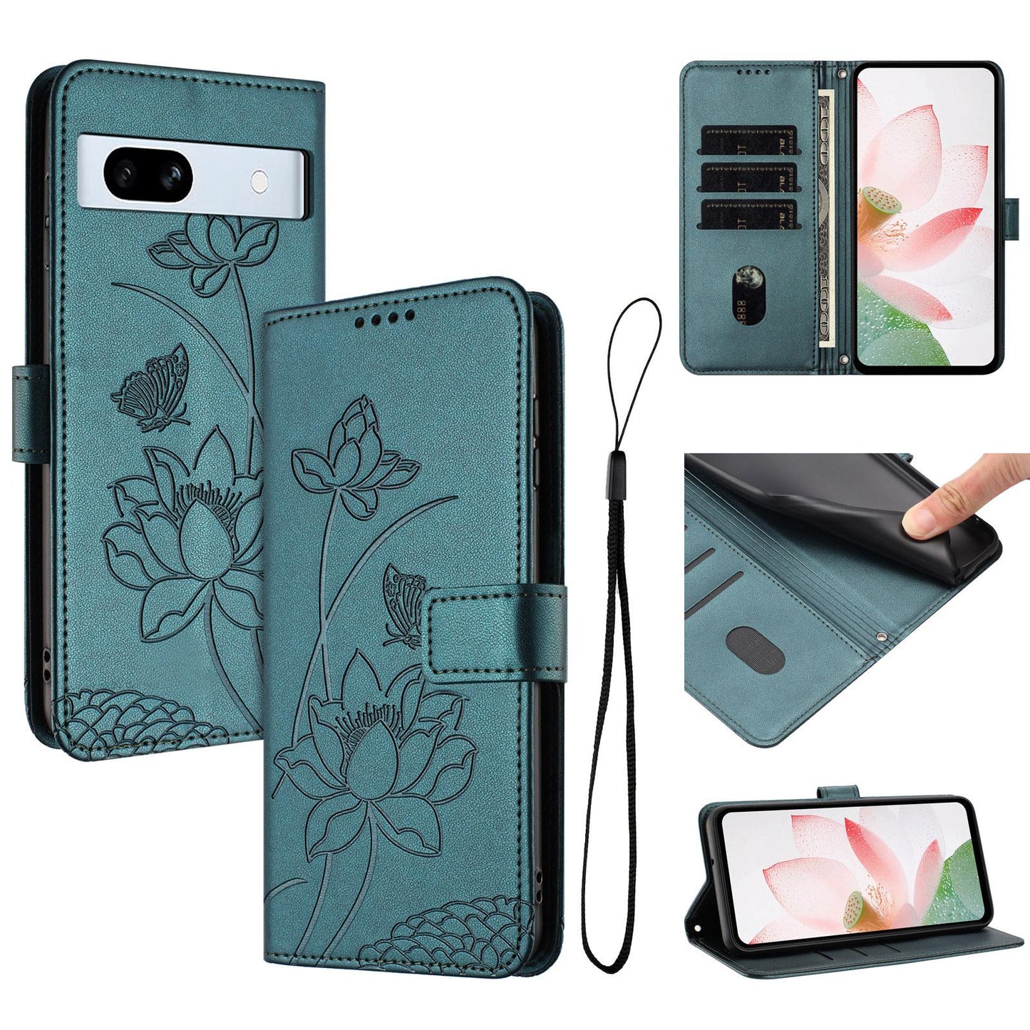 Google Pixel 7a Lotus Embossed PU Leather Wallet Phone Case with Card Holder, Cash Pocket, Magnetic Flip Stand Cover, Wrist Lanyard Strap, Shockproof TPU Protective Folio Case - Purple