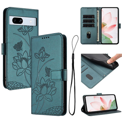 Google Pixel 7a Lotus Embossed PU Leather Wallet Phone Case with Card Holder, Cash Pocket, Magnetic Flip Stand Cover, Wrist Lanyard Strap, Shockproof TPU Protective Folio Case - Purple
