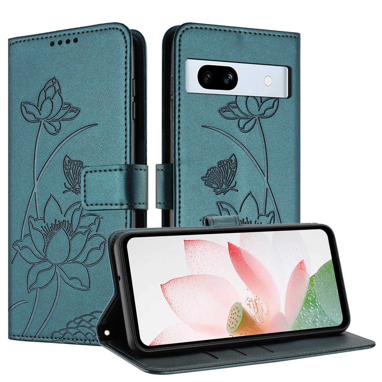 Google Pixel 7a Lotus Embossed PU Leather Wallet Phone Case with Card Holder, Cash Pocket, Magnetic Flip Stand Cover, Wrist Lanyard Strap, Shockproof TPU Protective Folio Case - Purple