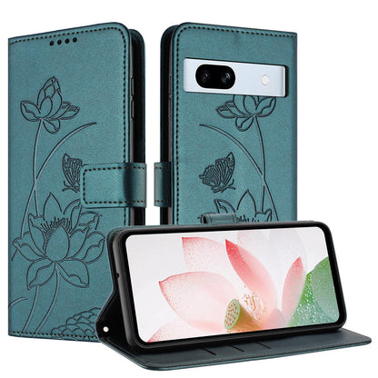 Google Pixel 7a Lotus Embossed PU Leather Wallet Phone Case with Card Holder, Cash Pocket, Magnetic Flip Stand Cover, Wrist Lanyard Strap, Shockproof TPU Protective Folio Case - Purple