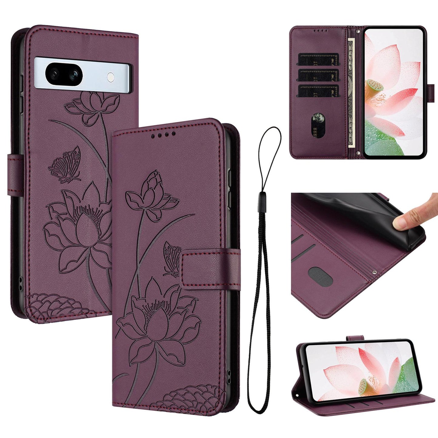 Google Pixel 7a Lotus Embossed PU Leather Wallet Phone Case with Card Holder, Cash Pocket, Magnetic Flip Stand Cover, Wrist Lanyard Strap, Shockproof TPU Protective Folio Case - Purple