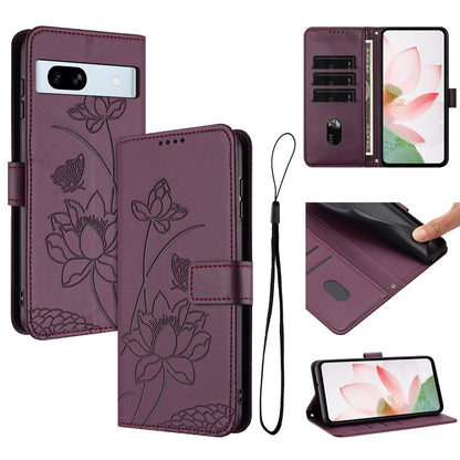 Google Pixel 7a Lotus Embossed PU Leather Wallet Phone Case with Card Holder, Cash Pocket, Magnetic Flip Stand Cover, Wrist Lanyard Strap, Shockproof TPU Protective Folio Case - Purple