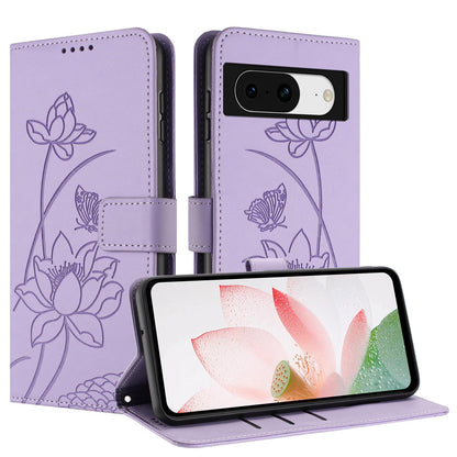 Google Pixel 8 Lotus Embossed PU Leather Wallet Phone Case with Card Holder, Cash Pocket, Magnetic Flip Stand Cover, Wrist Lanyard Strap, Shockproof TPU Protective Folio Case - Purple