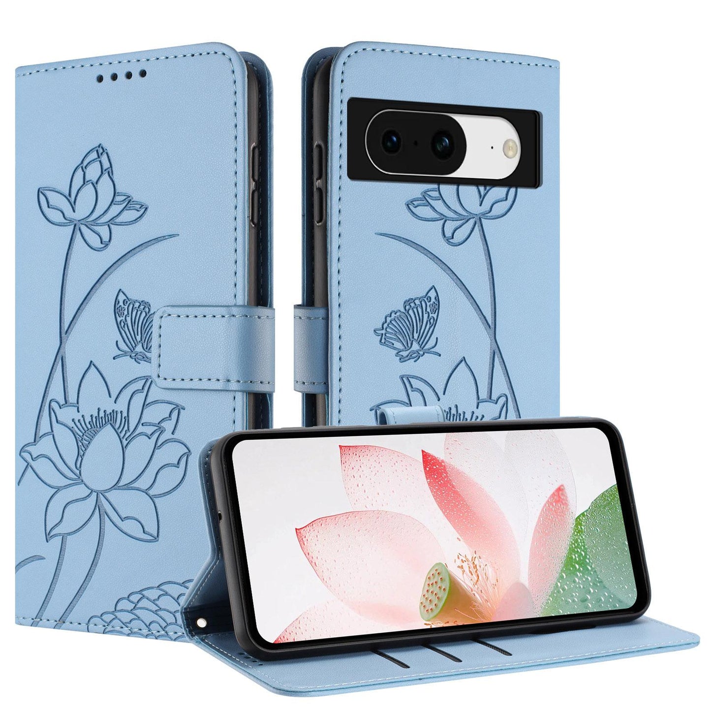 Google Pixel 8 Lotus Embossed PU Leather Wallet Phone Case with Card Holder, Cash Pocket, Magnetic Flip Stand Cover, Wrist Lanyard Strap, Shockproof TPU Protective Folio Case - Purple